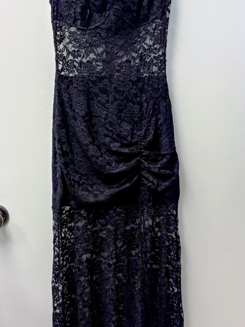 Black Lace Corset Maxi Dress Ruched Slit Goth Vampy XS